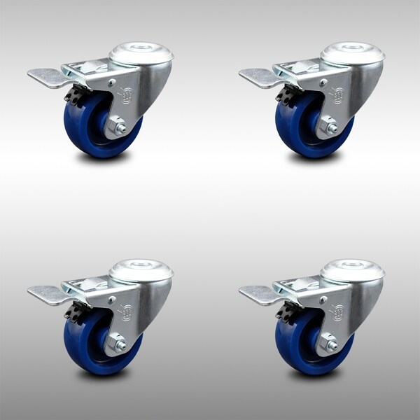 3.5 Inch SS Solid Polyurethane Swivel Bolt Hole Caster Set with Total Lock Brake
